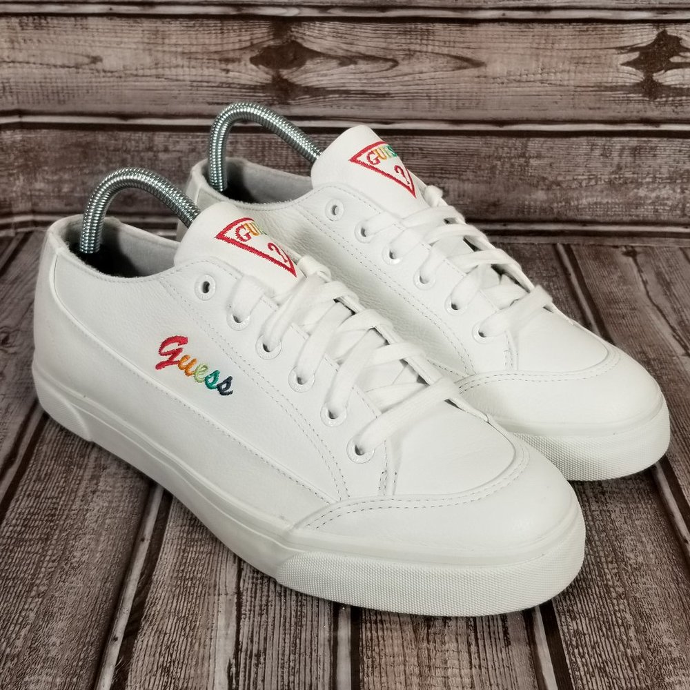 RETRO GUESS Women's 8.5 B White Leather Sneakers Shoes Rainbow Embroidery NWOT